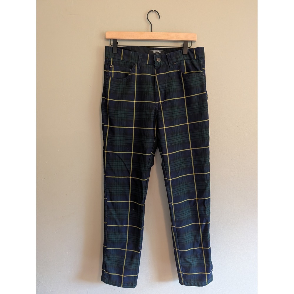 Forever 21 Men Navy Green Yellow Plaid Trousers Slim Fit Pants Size 32